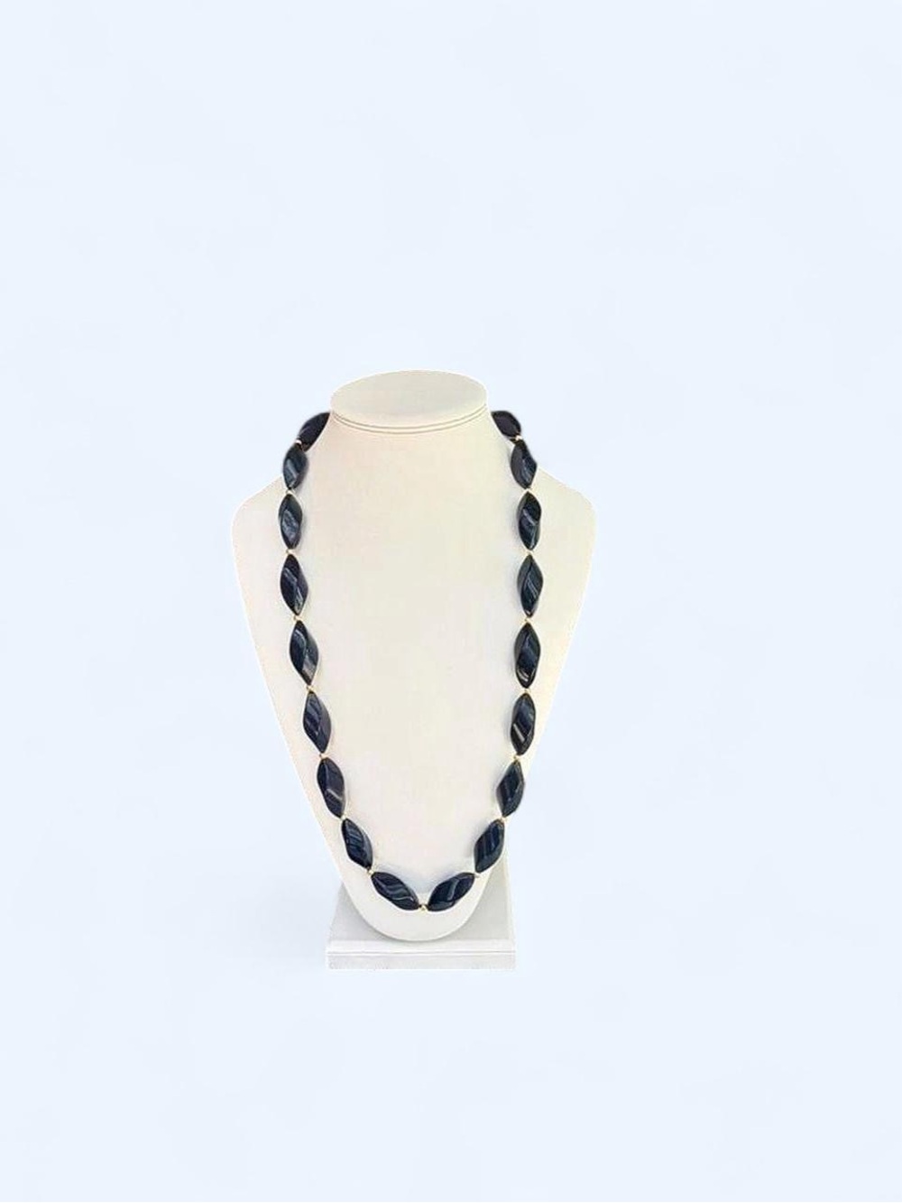 Vintage Signed Trifari Navy
Lucite Twisted Bead Necklace Gold Tone 30”